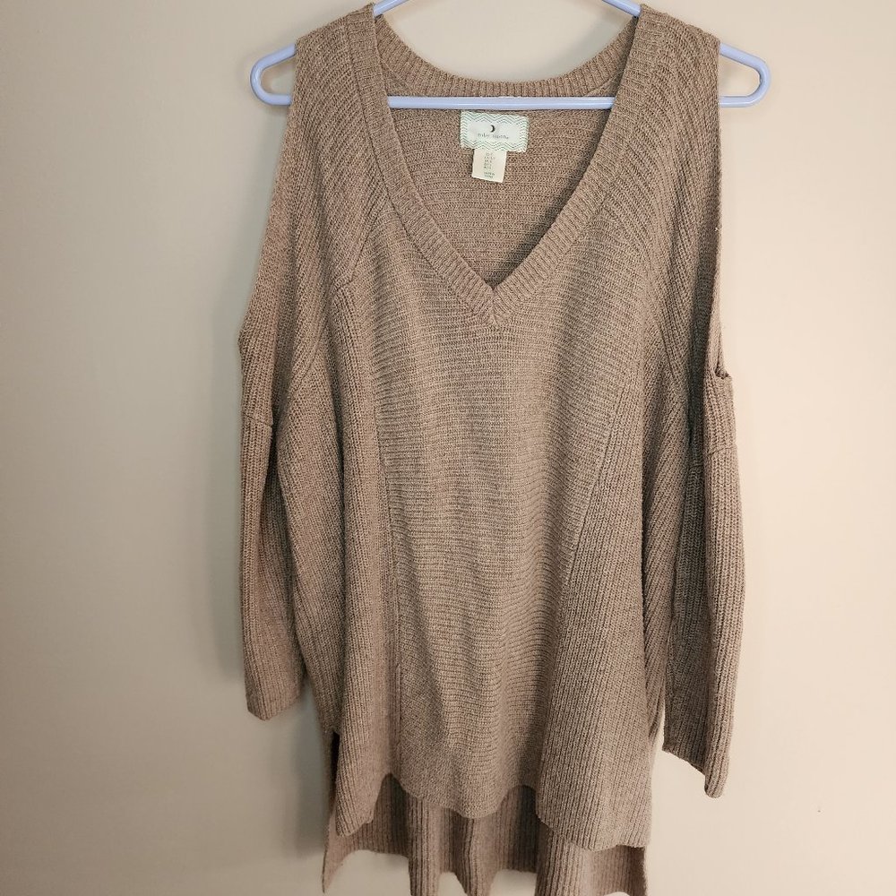 Women's Oversized Cold Shoulder Tan Knit Sweater - Size Small